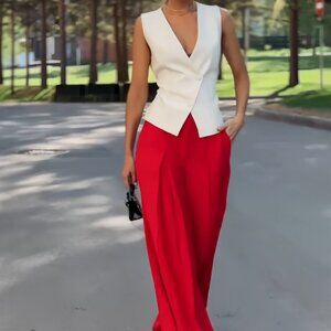 Women's Fashion Deep V-neck Sleeveless Top High Waist Wide Leg Pants Two-piece S
